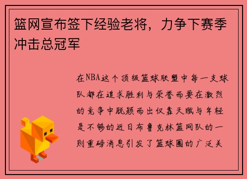 篮网宣布签下经验老将，力争下赛季冲击总冠军